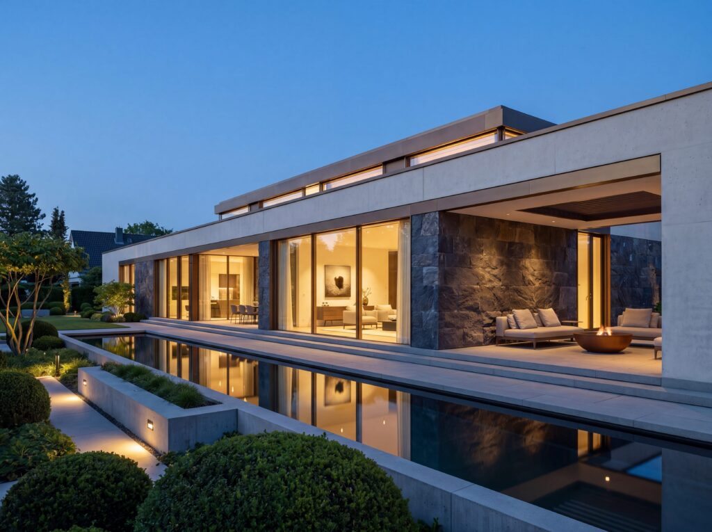 Moderner Bungalow Deluxe mit Pool, Natursteinfassade, Terrasse und warm beleuchtetem Wohnbereich