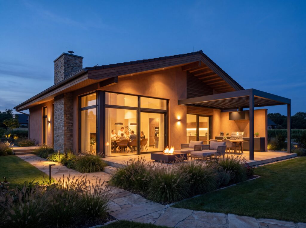 Moderner Luxusbungalow mit langer Poolanlage, Glasfronten und überdachter Terrasse in der Dämmerung