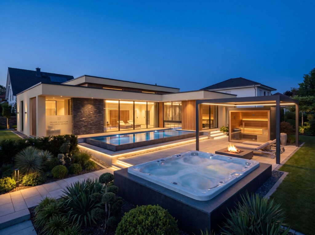 Moderner Bungalow Deluxe mit überdachter Terrasse, Pool, Kamin und warm beleuchteter Fassade