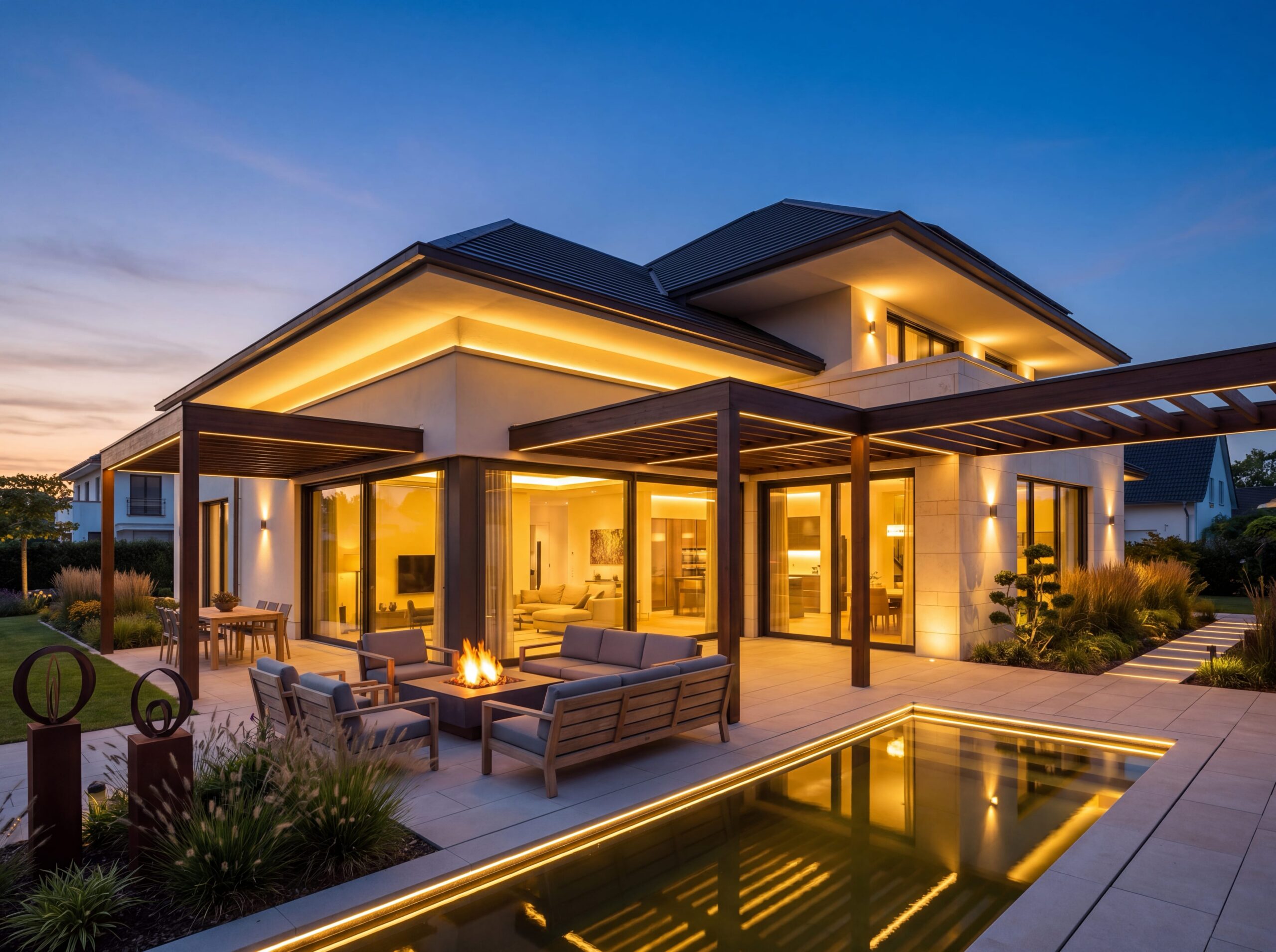 Moderner Bungalow Deluxe mit Pool, Spa-Bereich, Sauna und beleuchteter Terrasse am Abend