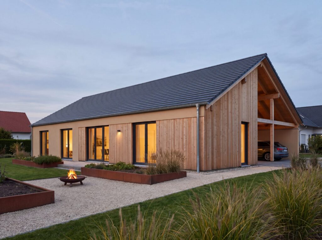 Bungalow DorfModern mit Holzfassade und Carport