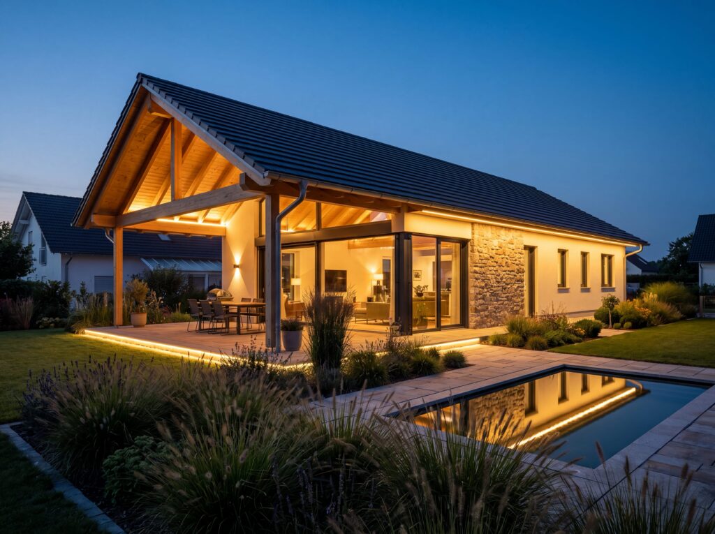 Bungalow DorfModern mit Pool bei Nacht