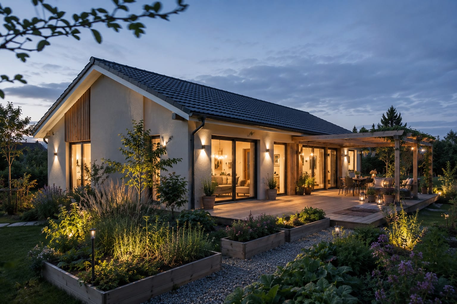 Gemütlich beleuchteter Bungalow mit Holzterrasse, Pergola und naturnah bepflanztem Garten am Abend