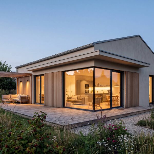 Bungalow Eco mit Holzterrasse, großen Glasfronten, überdachtem Loungebereich, Holzfassade und naturnahem Garten