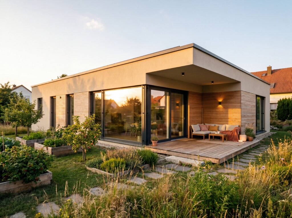 Bungalow Eco mit Flachdach, Holzfassade, großer Terrasse, Glasfronten und naturnahem Garten mit Hochbeeten