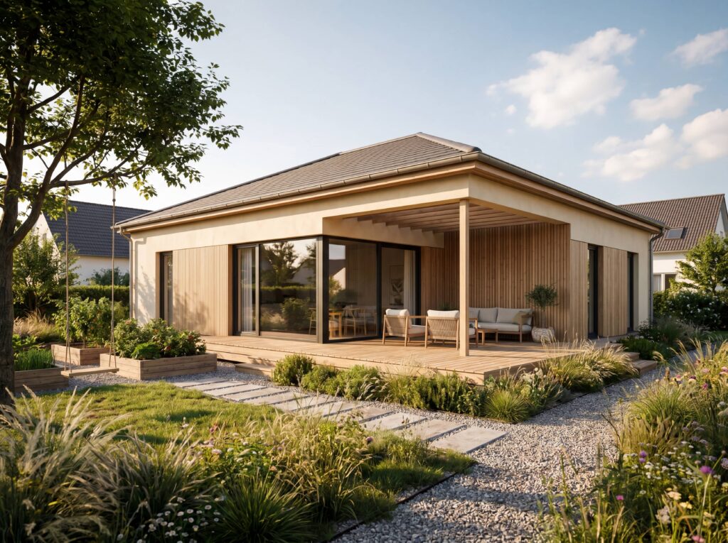 Bungalow Eco mit Walmdach, überdachter Holzterrasse, großen Glasfronten und naturnah angelegtem Garten