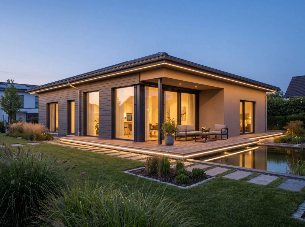 Bungalow Eco mit Walmdach, Holzfassade, großer Terrasse, Glasfronten, Gartenteich und moderner Außenbeleuchtung