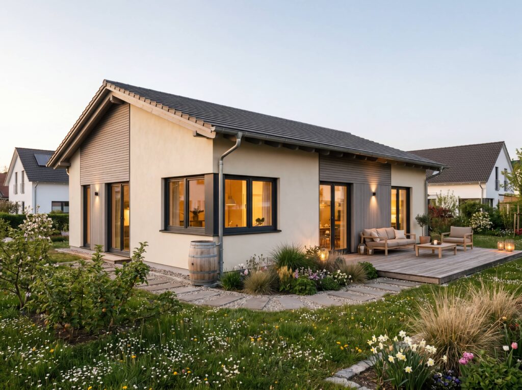 Bungalow Eco mit Satteldach, Holzfassade, Holzterrasse, Regenfass und naturnah angelegtem Garten