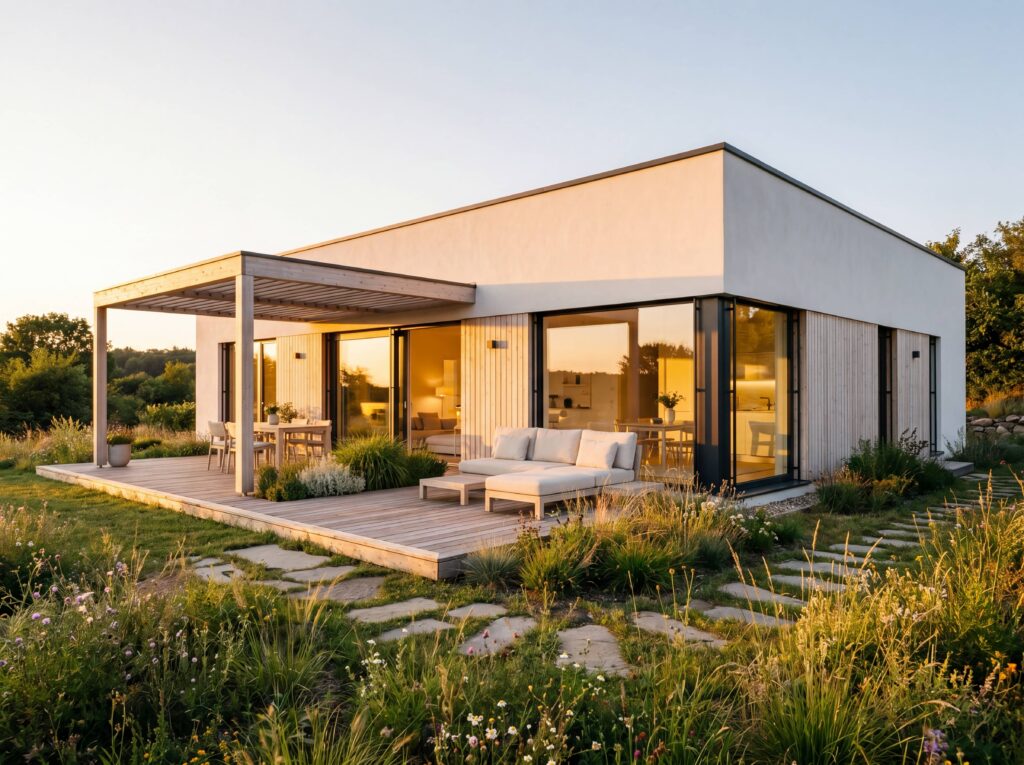 Bungalow Eco mit Flachdach, Holzfassade, großer Holzterrasse, überdachtem Sitzbereich, Glasfronten und naturnahem Garten
