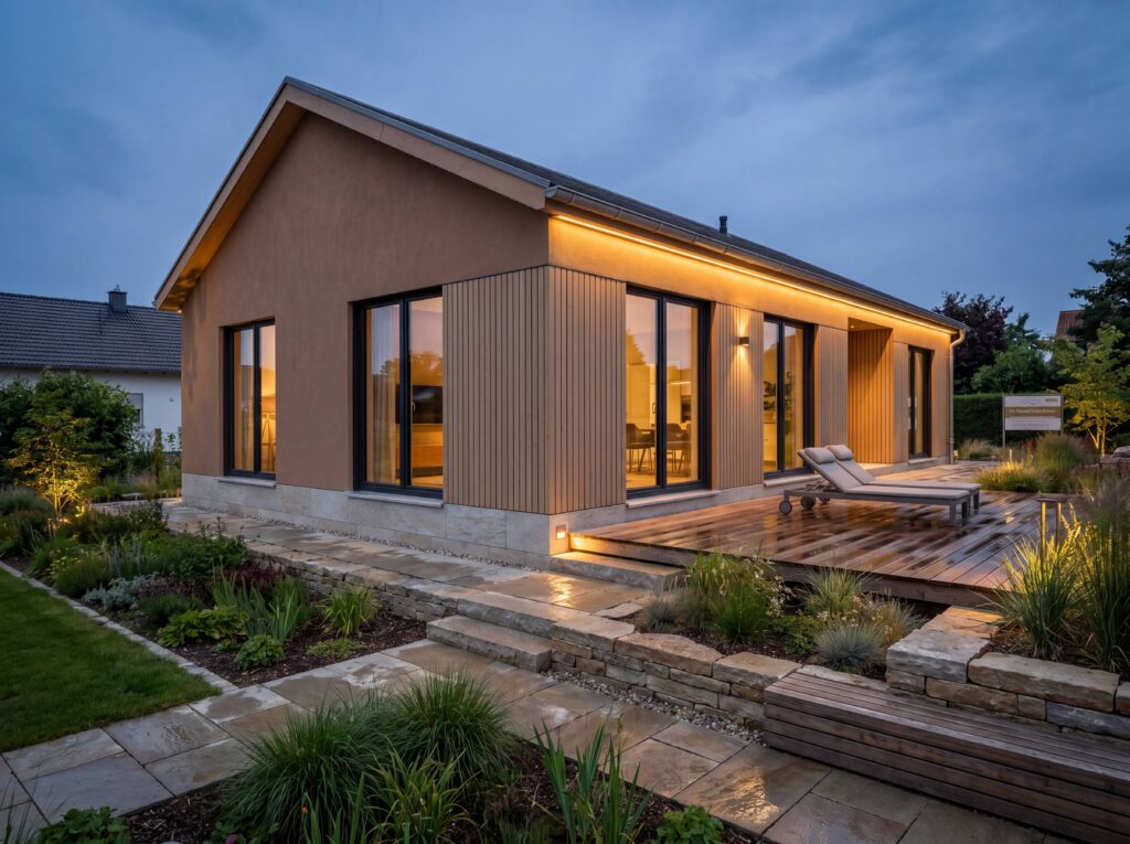 Bungalow Eco mit Satteldach, Holzfassade, großer Holzterrasse, Gartenliegen und naturnah angelegtem Garten bei Abendstimmung