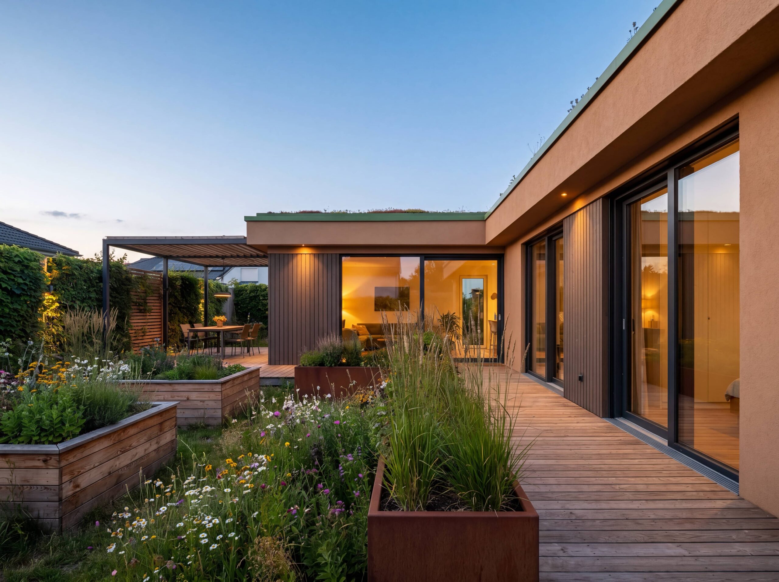 Bungalow Eco mit begrüntem Flachdach, Holzfassade, großen Glasflächen, Holzterrasse und naturnahem Garten mit Hochbeeten