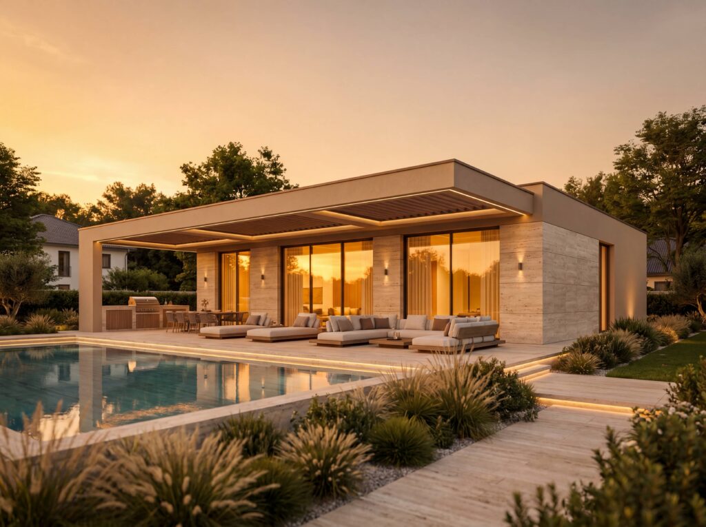 Bungalow Elegance mit Flachdach, Pool, überdachter Terrasse, großen Glasflächen und exklusivem Lounge-Bereich bei Sonnenuntergang