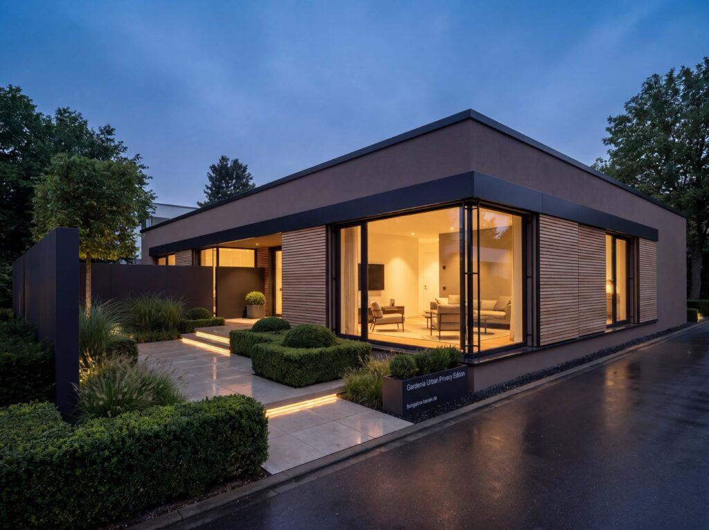 Bungalow Elegance mit Flachdach, Holzlamellen, großen Glasflächen und geschütztem Eingangsbereich am Abend