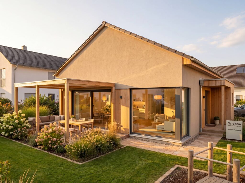 Bungalow Elegance mit Satteldach, Holzpergola, heller Fassade und großzügigen Glasflächen im Garten