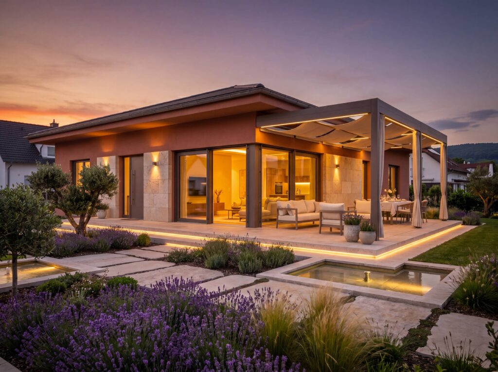 Bungalow Elegance mit Walmdach, großer Pergola, Natursteinfassade und beleuchteter Terrasse bei Sonnenuntergang