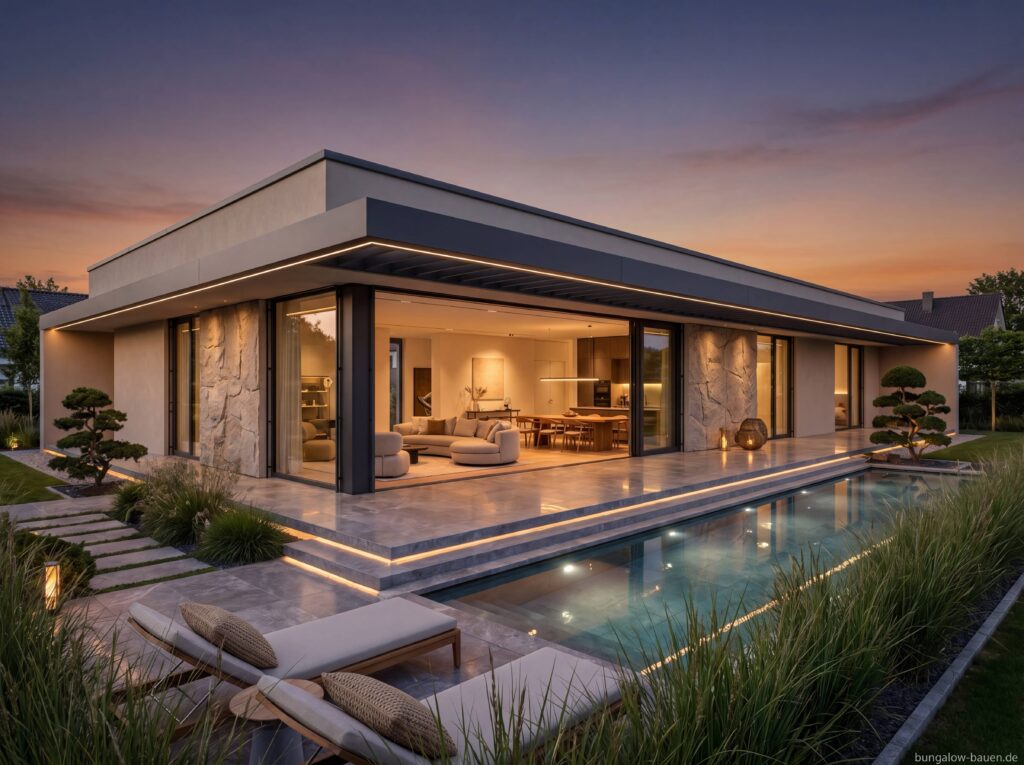 Bungalow Elegance mit Flachdach, Pool, großer Glasfront, Natursteinakzenten und beleuchteter Terrasse bei Sonnenuntergang