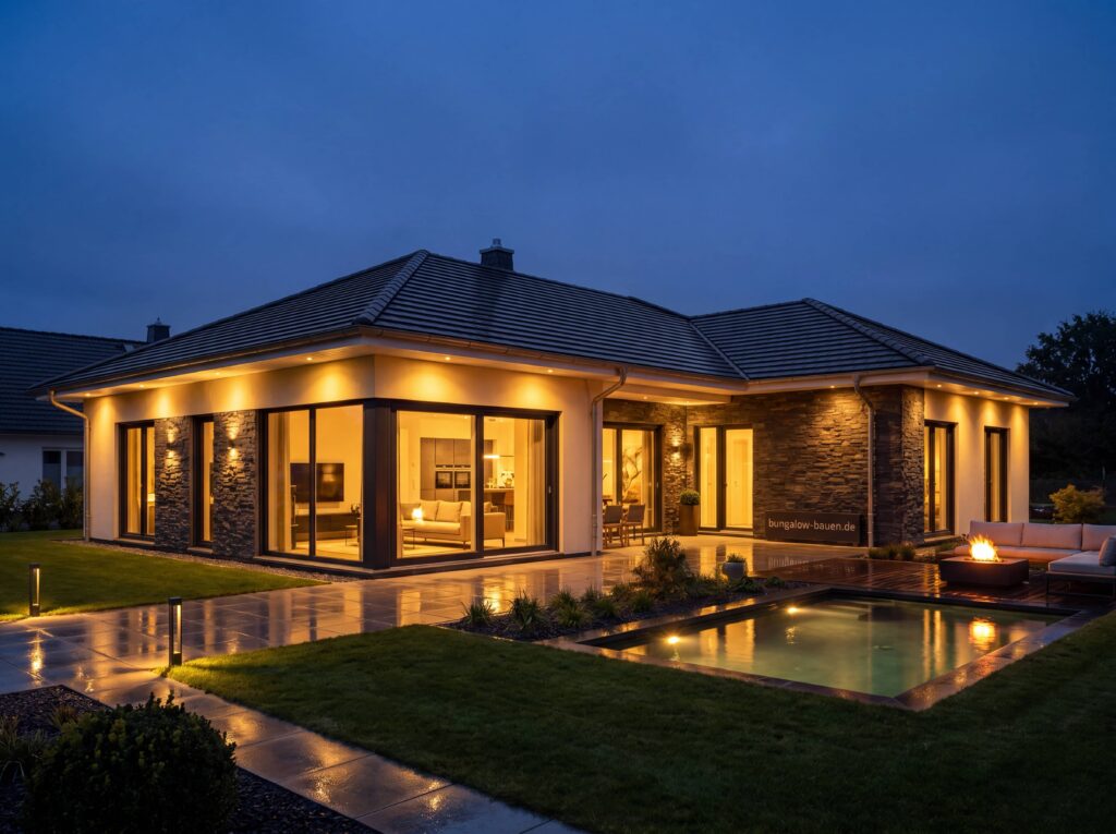 Bungalow Elegance mit Walmdach, Natursteinfassade, großen Glasflächen, Pool und beleuchtetem Außenbereich am Abend