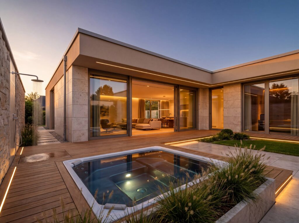 Bungalow Elegance mit Flachdach, Innenhof, Whirlpool, Holzterrasse und großen Glasfronten bei Sonnenuntergang