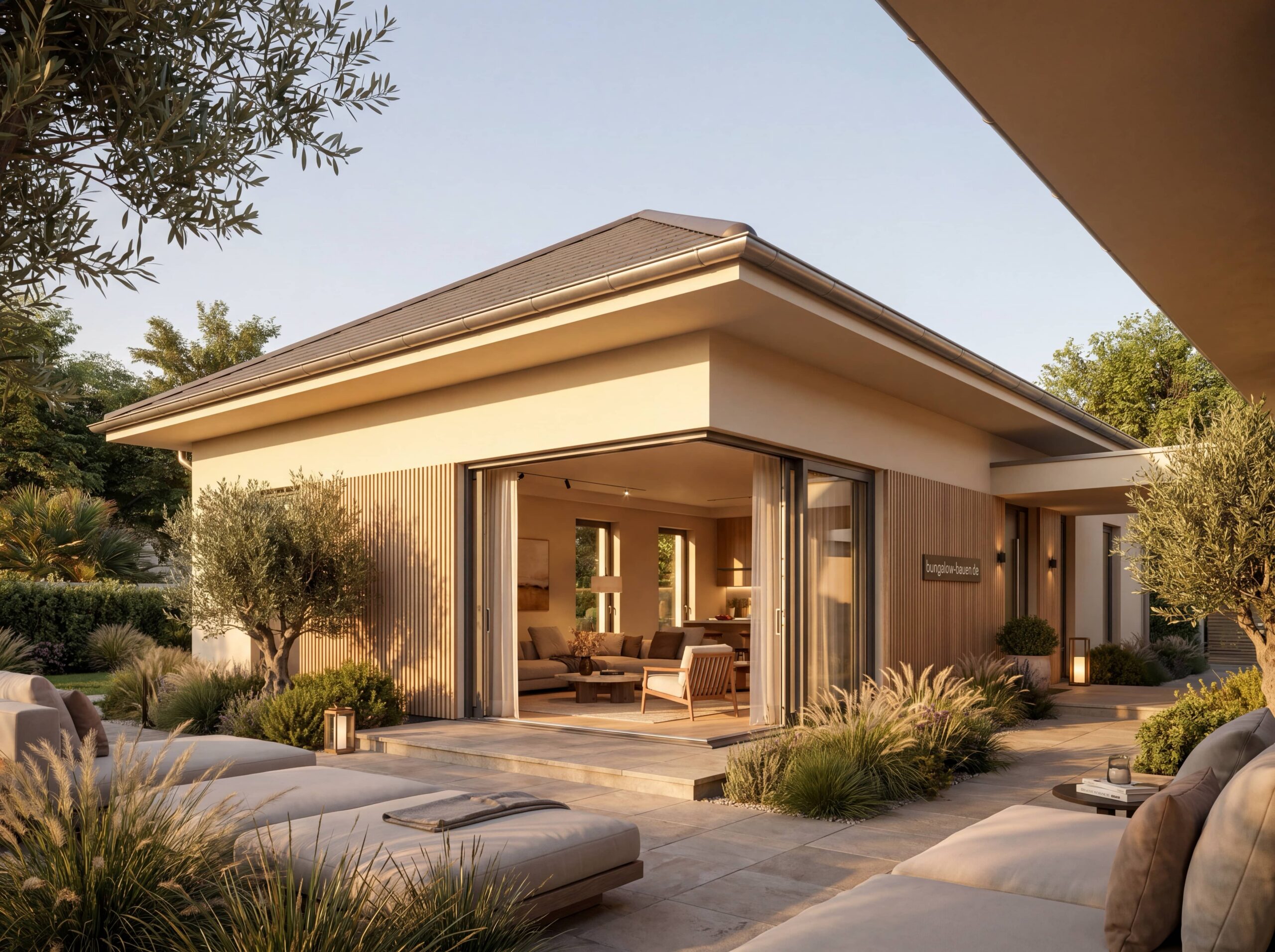 Bungalow Elegance mit Walmdach, heller Fassade, Holzdetails und geöffnetem Wohnbereich zur Terrasse
