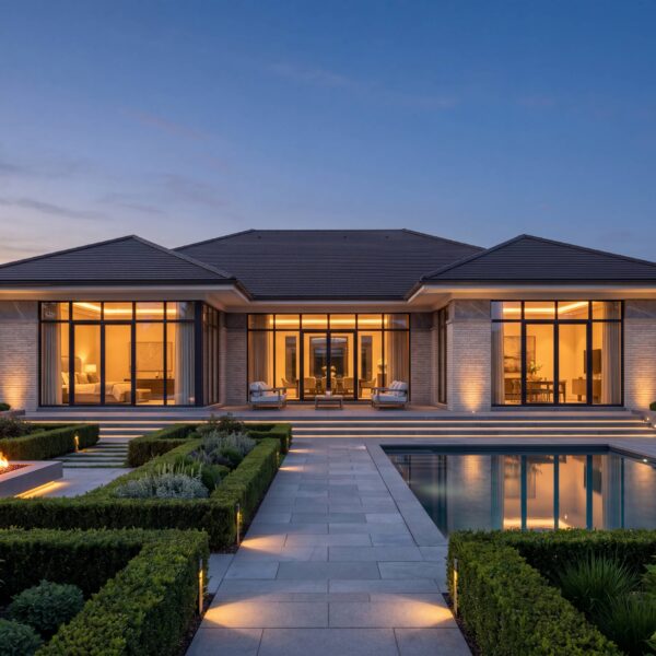 Bungalow Elegance mit Walmdach, großer Glasfront, Pool, Feuerstelle und repräsentativem Garten am Abend