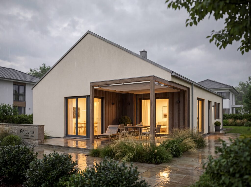 Bungalow Gardenia mit Flachdach, Gründach, Holzfassade, Gartenteich und naturnahem Innenhof