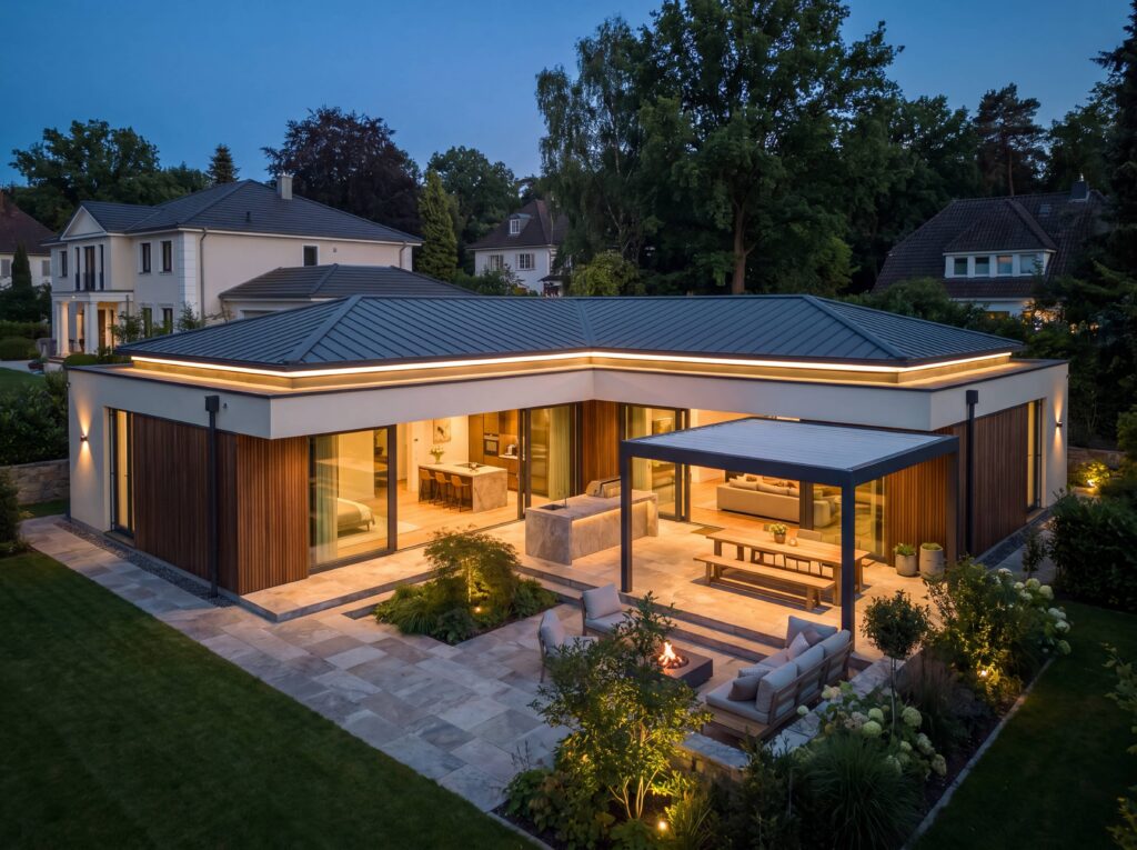 Bungalow Gardenia mit moderner Flachdacharchitektur, Holzdetails, geschütztem Eingang und beleuchtetem Vorgarten am Abend