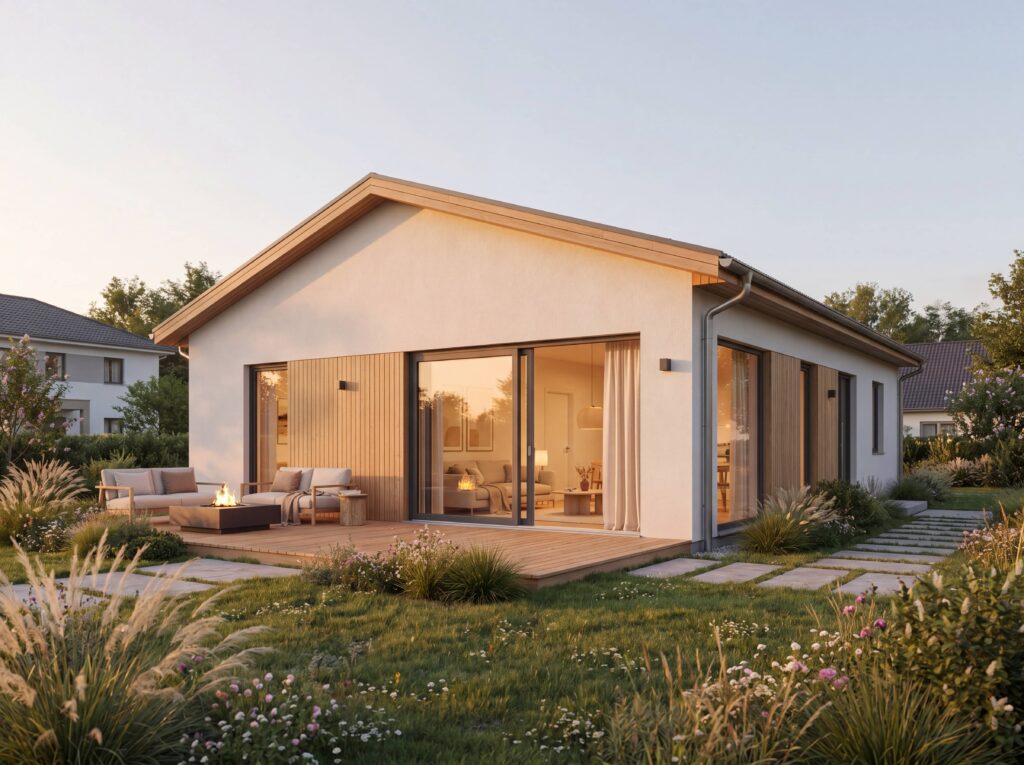 Bungalow Gardenia mit überdachtem Terrassenbereich, Holzfassade, Familiengarten und geschütztem Innenhof