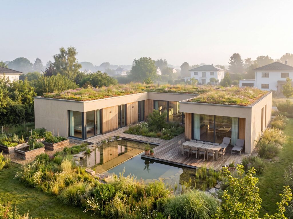 Bungalow Gardenia mit Holzpergola, heller Fassade, großer Terrasse und überdachtem Sitzbereich bei Regen
