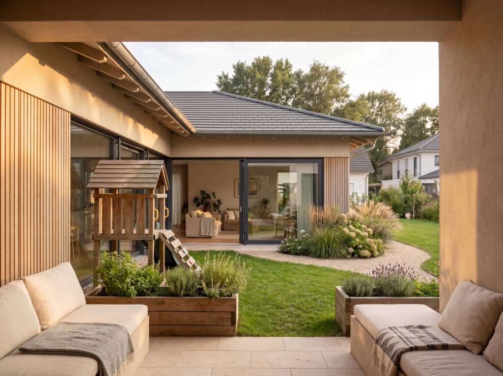 Bungalow Gardenia mit Flachdach, begrüntem Dach, Holzfassade, Gartenteich und umlaufender Holzterrasse