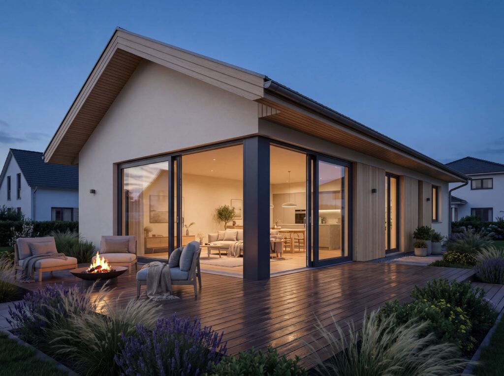 Bungalow Gardenia mit Flachdach, modernem Eingangsbereich, dunkler Haustür und Holzdetails am Abend