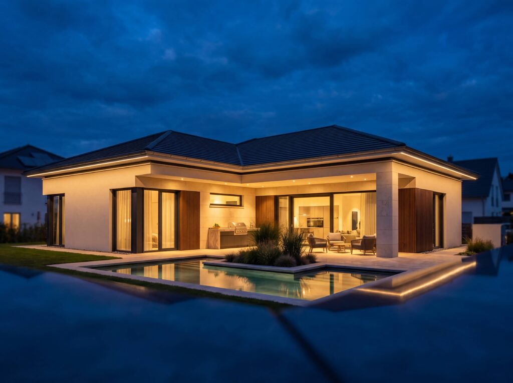 Bungalow Gardenia mit Satteldach, überdachter Holzterrasse, großen Eckfenstern und Feuerstelle am Abend