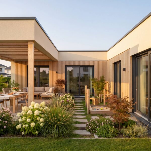 Bungalow Gardenia mit Holzterrasse, Pergola, hellem Satteldachhaus und familienfreundlichem Garten