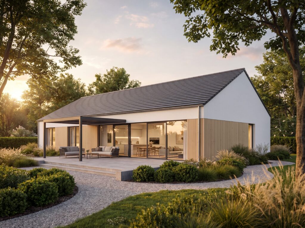 Bungalow Kurpark Modern mit Satteldach, überdachter Terrasse, Holzstützen und heller moderner Fassade