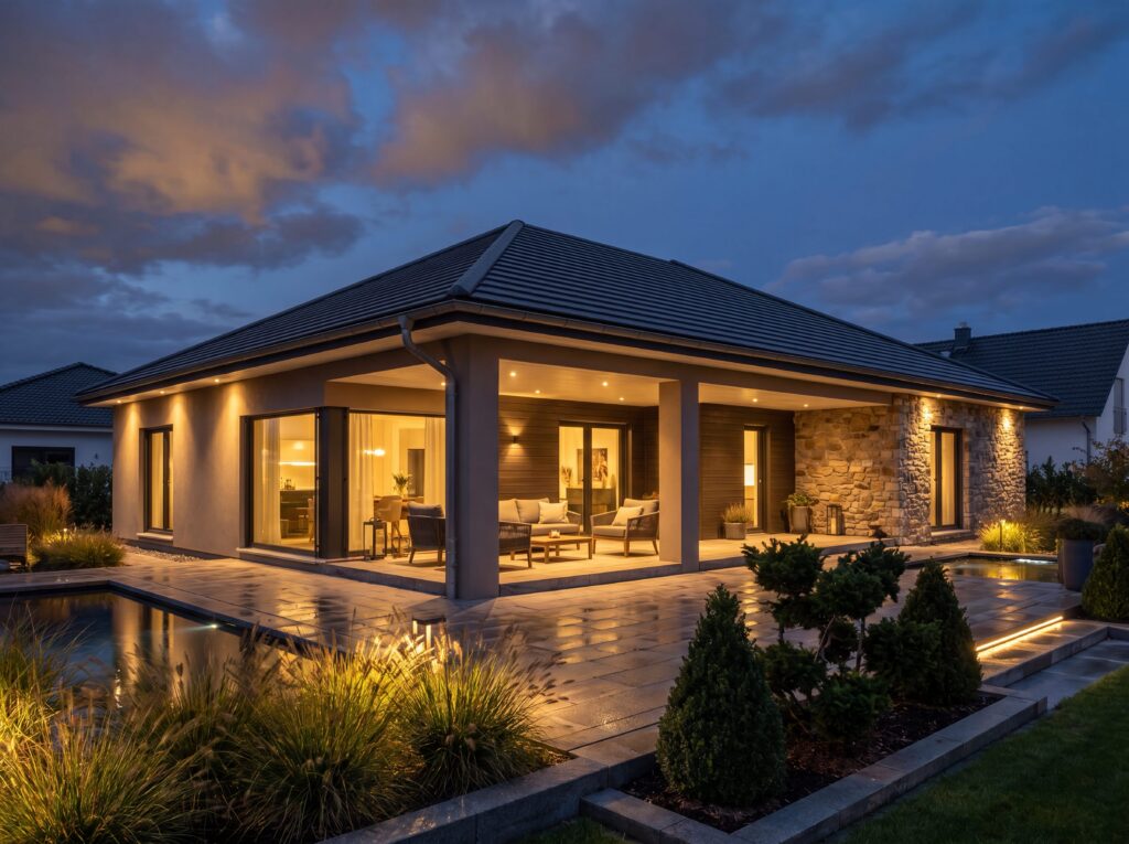 Bungalow Kurpark Modern mit klassischer Front, Giebeldach, großen Fenstern und stilvoll angelegtem Garten