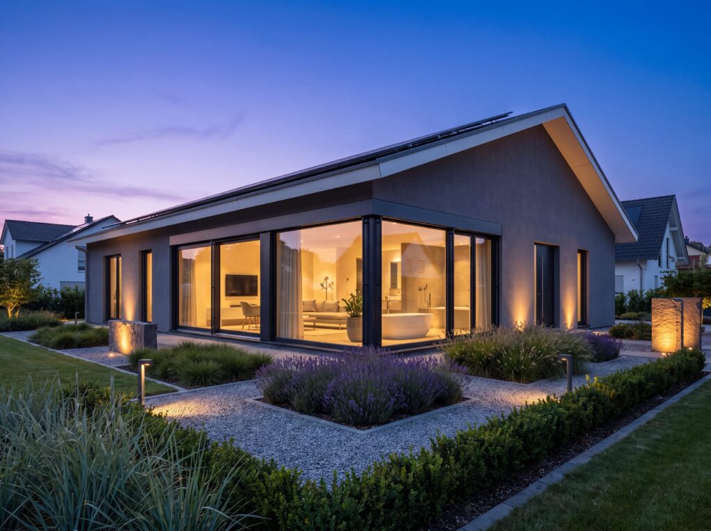 Moderner Bungalow Kurpark Modern am Abend mit dunkler Fassade, großen Glasflächen und beleuchtetem Garten