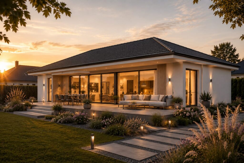Bungalow Kurpark Modern mit großer Terrasse, bodentiefen Fenstern und stimmungsvoller Abendbeleuchtung