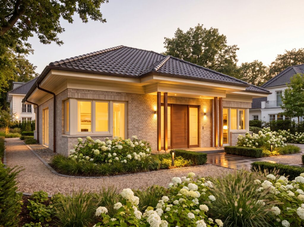 Klassisch moderner Bungalow Kurpark Modern mit Walmdach, Klinkerfassade und repräsentativem Eingangsbereich