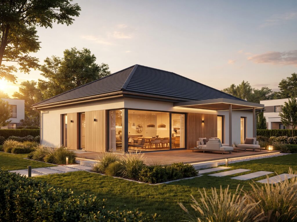 Moderner Bungalow Kurpark Modern mit Walmdach, umlaufender Terrasse, Holzfassade und beleuchtetem Außenbereich