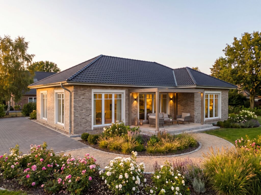 Bungalow Kurpark Modern mit dunkler Fassade, großen Fensterfronten und beleuchteter Terrasse bei Nacht