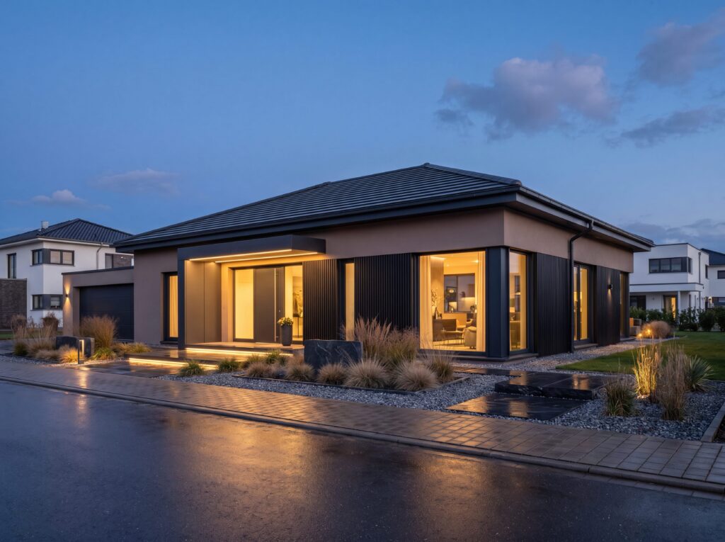 Bungalow Kurpark Modern mit klassischer Front, Satteldach, großem Vordach und symmetrischer GartengestaltungBungalow Kurpark Modern mit klassischer Front, Satteldach, großem Vordach und symmetrischer Gartengestaltung