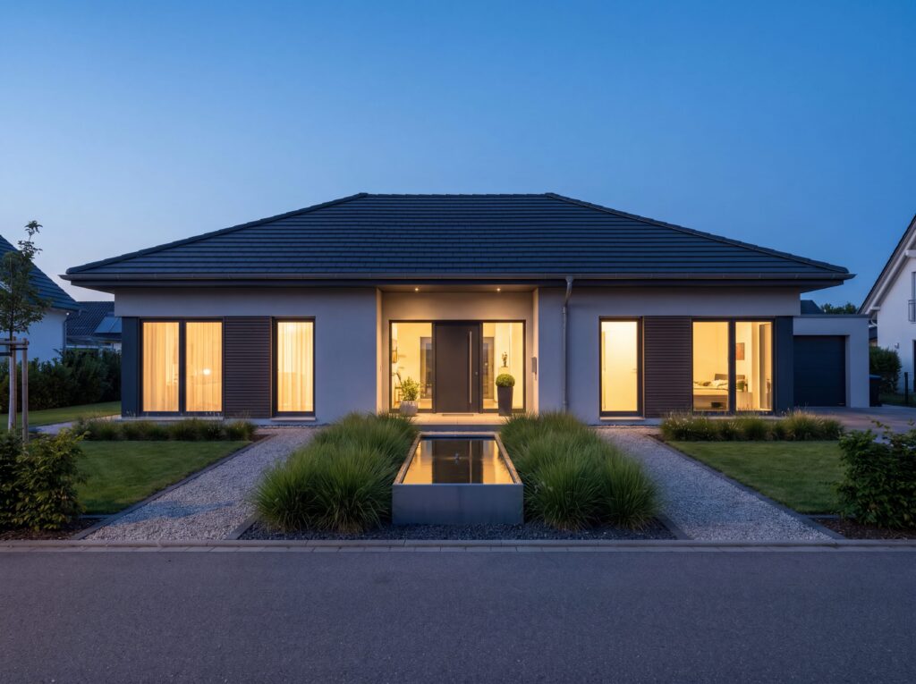 Grundriss des Bungalow Kurpark Modern mit offenem Wohn- und Essbereich, Schlafzimmer, Ankleide, Bad und weiteren Räumen