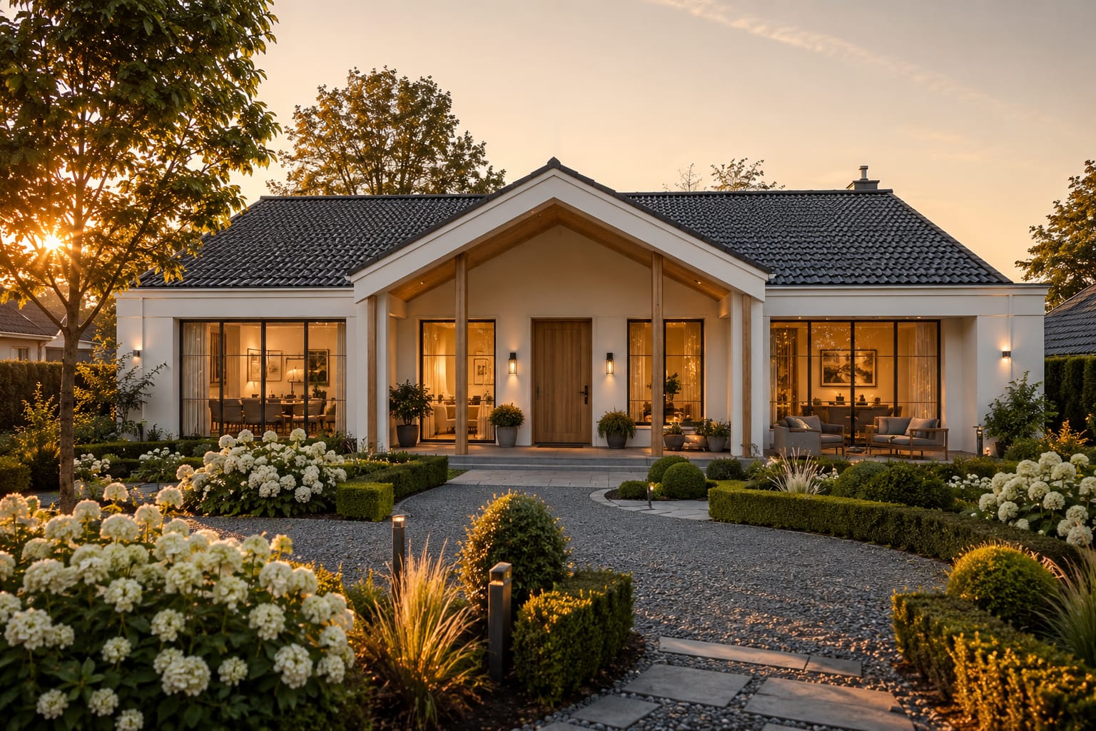 Bungalow Kurpark Modern mit moderner Satteldacharchitektur, Holzfassade, großer Terrasse und warm beleuchteten Wohnräumen