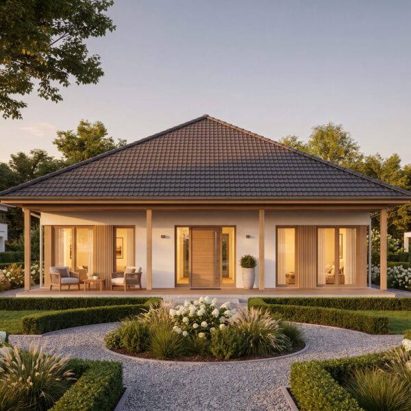 Bungalow Kurpark Modern mit Walmdach, symmetrischer Frontansicht, Terrasse und gepflegter Gartenanlage
