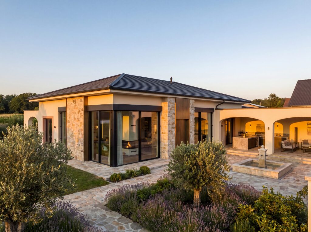 Bungalow Manor mit Natursteinfassade, Walmdach, Innenhof und mediterraner Gartenanlage bei Abendlicht