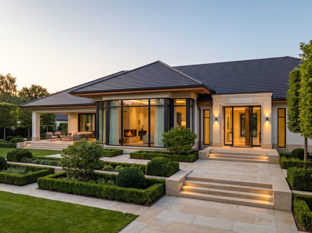 Eleganter Bungalow Manor mit repräsentativem Eingangsbereich, Gartenanlage und beleuchteter Terrasse
