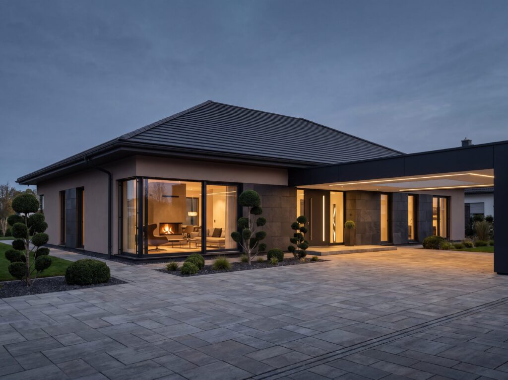 Bungalow Manor mit moderner Auffahrt, großem Carport, Glasfassade und stimmungsvoller Außenbeleuchtung