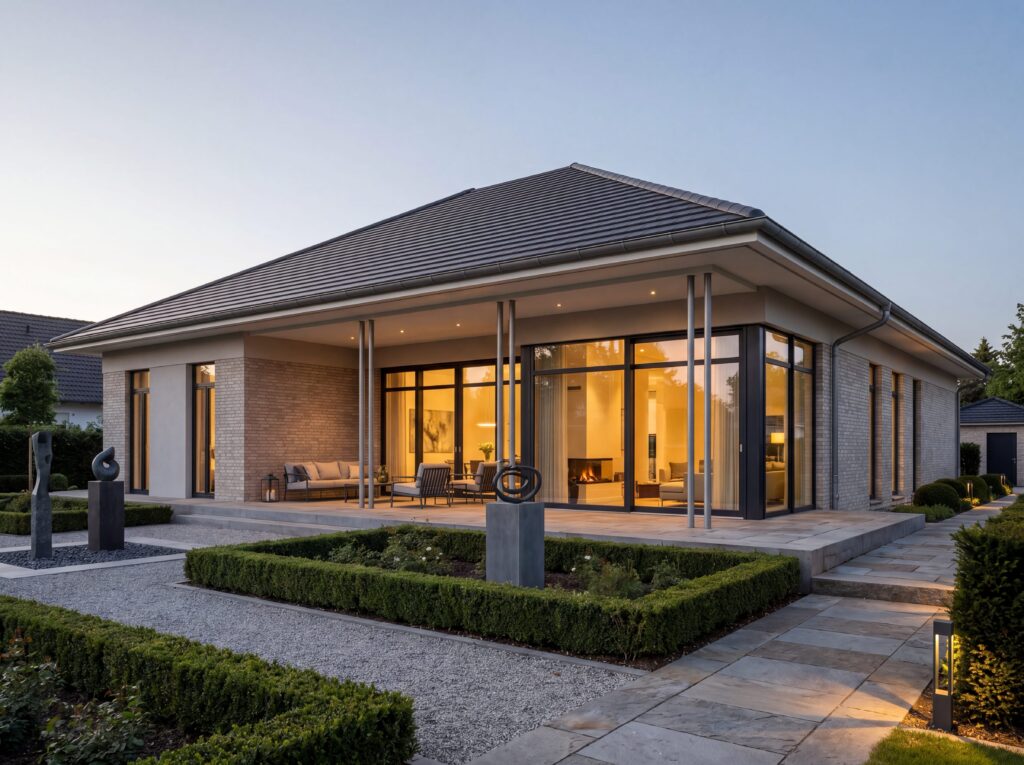 Bungalow Manor mit Säulen, überdachter Terrasse, Skulpturen im Garten und großen Glasflächen