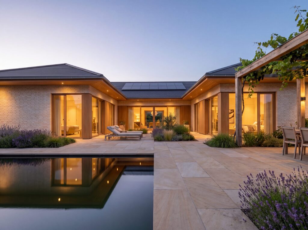 Bungalow Terra mit Klinkerfassade, Photovoltaik, Innenhof, Wasserfläche, Terrasse und warm beleuchteten Wohnräumen
