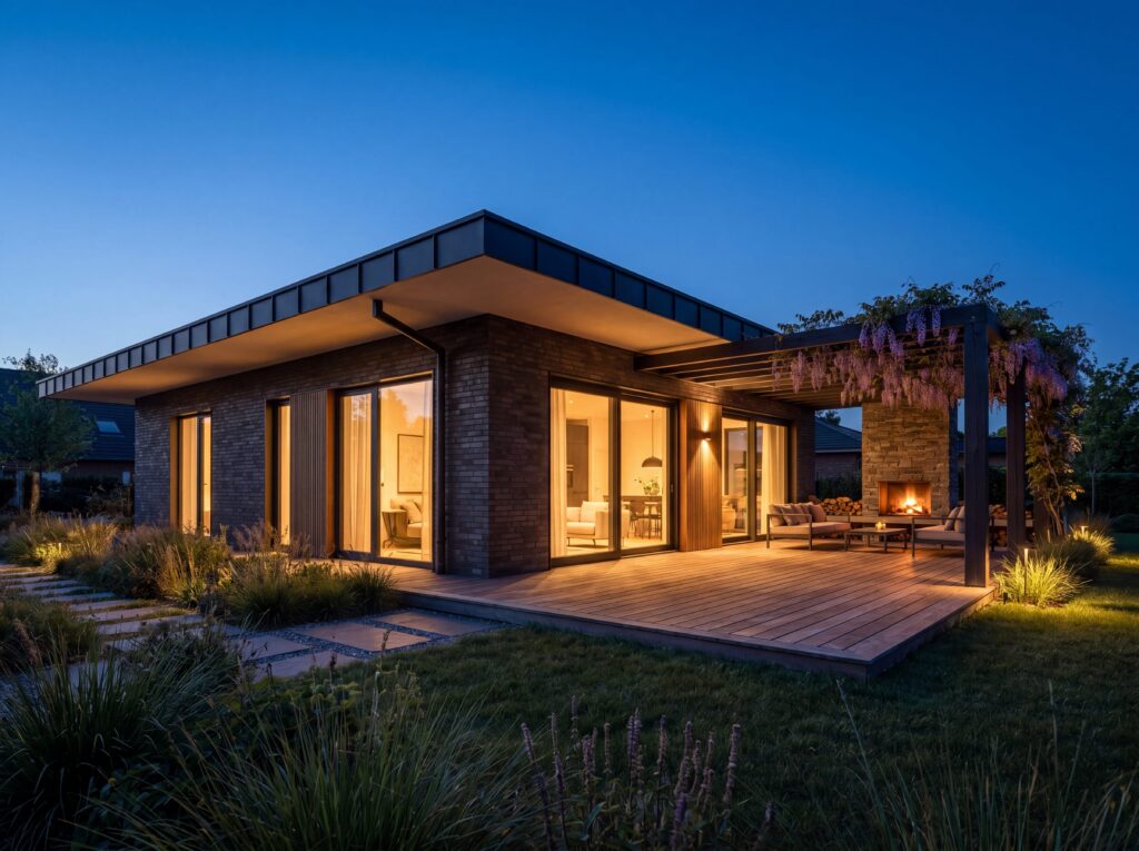 Moderner Bungalow Terra mit Flachdach, dunkler Klinkerfassade, großer Holzterrasse, Pergola und Außenkamin bei Abendstimmung