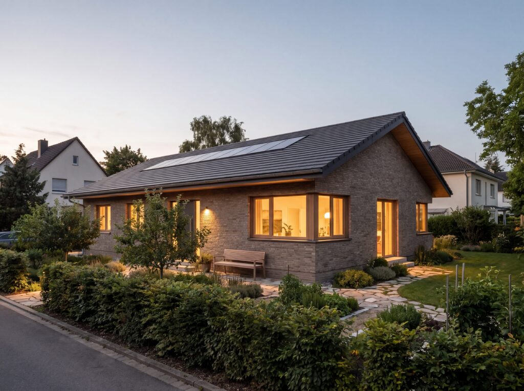 Bungalow Terra mit Satteldach, Photovoltaik, heller Klinkerfassade, Gartenweg und naturnahem Vorgarten